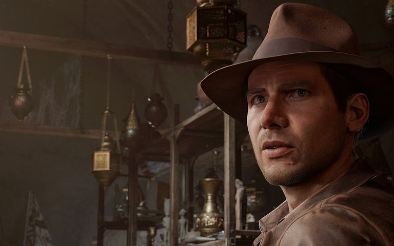 Indy looking over his shoulder in Indiana Jones and the Great Circle