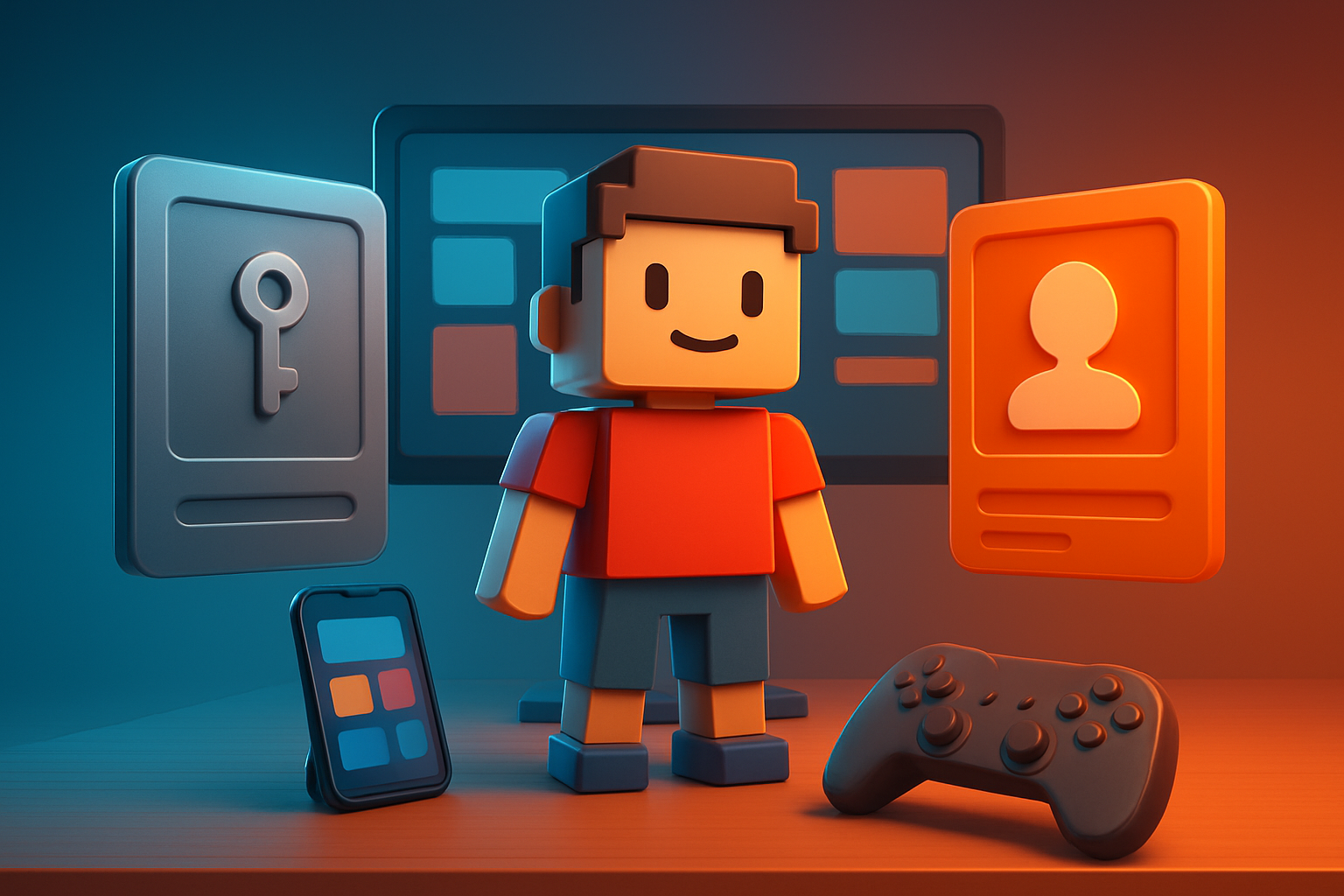 A block-built game avatar stands between two floating identity cards above a gaming desk with a monitor, smartphone and controller.