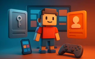 A block-built game avatar stands between two floating identity cards above a gaming desk with a monitor, smartphone and controller.
