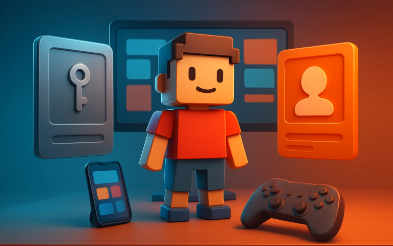 A block-built game avatar stands between two floating identity cards above a gaming desk with a monitor, smartphone and controller.