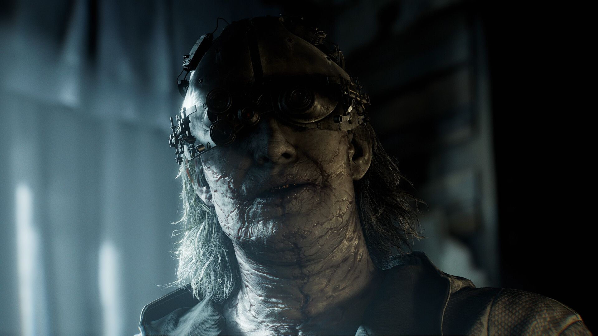 A creepy-looking figure in a mask in Resident Evil Requiem
