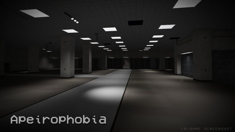Apeirophobia Roblox screenshot showing a dim empty backrooms-style corridor