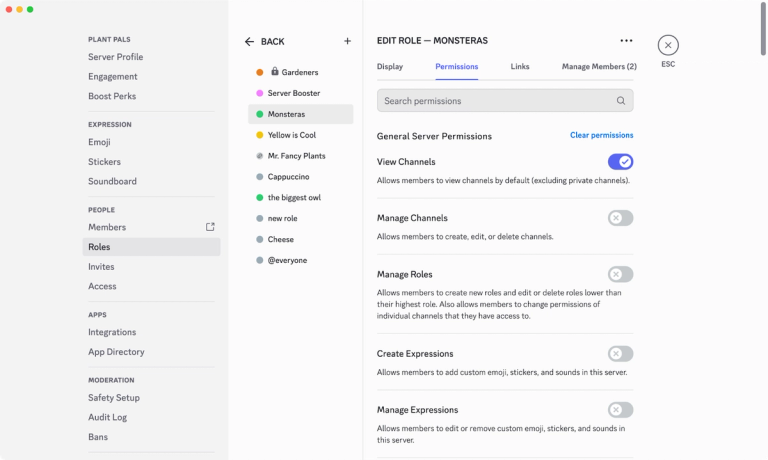 Discord Edit Role screen open on the Permissions tab with View Channels enabled