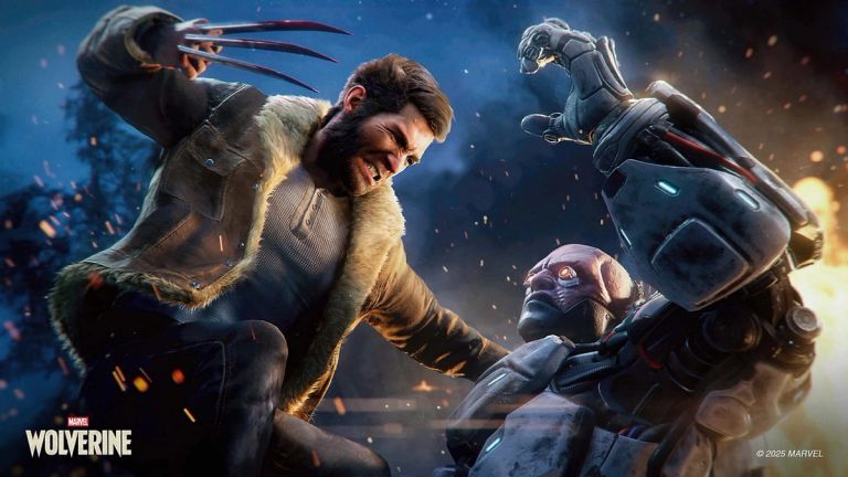 Marvel's Wolverine: Wolverine lunges at an armored fighter amid flying sparks.