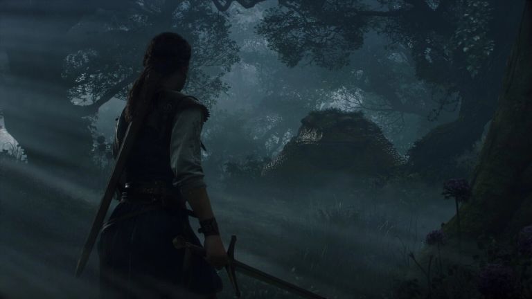 Fable: A woman holding a sword faces a large creature in a dark, misty forest.