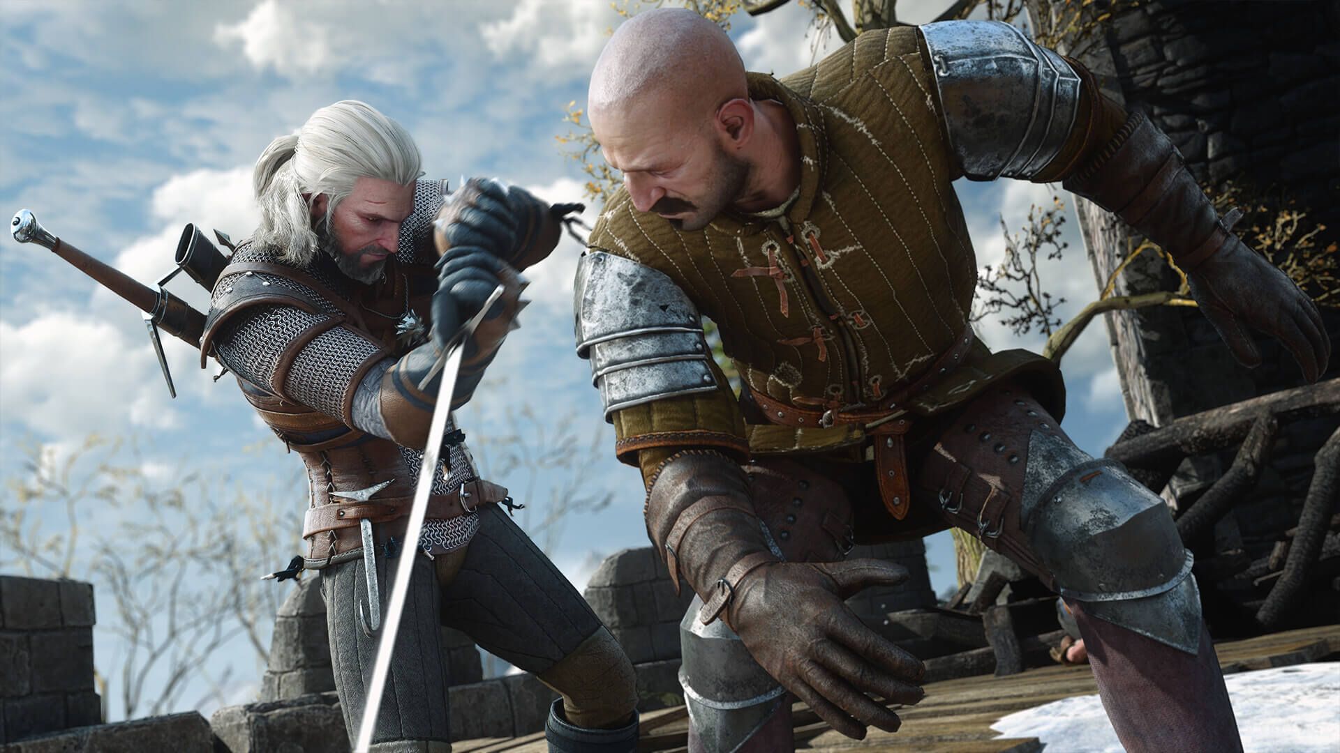 Geralt crossing swords with an enemy in The Witcher 3: Wild Hunt Remastered