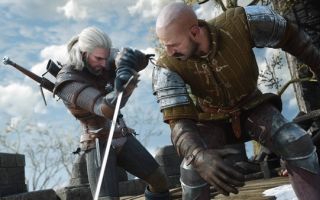Geralt crossing swords with an enemy in The Witcher 3: Wild Hunt Remastered