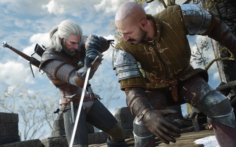 Geralt crossing swords with an enemy in The Witcher 3: Wild Hunt Remastered