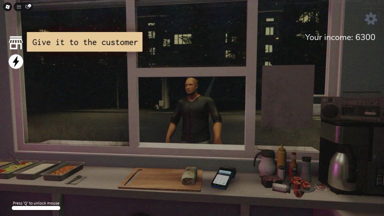 Scary Shawarma Kiosk Roblox gameplay showing a customer waiting outside the food stall at night