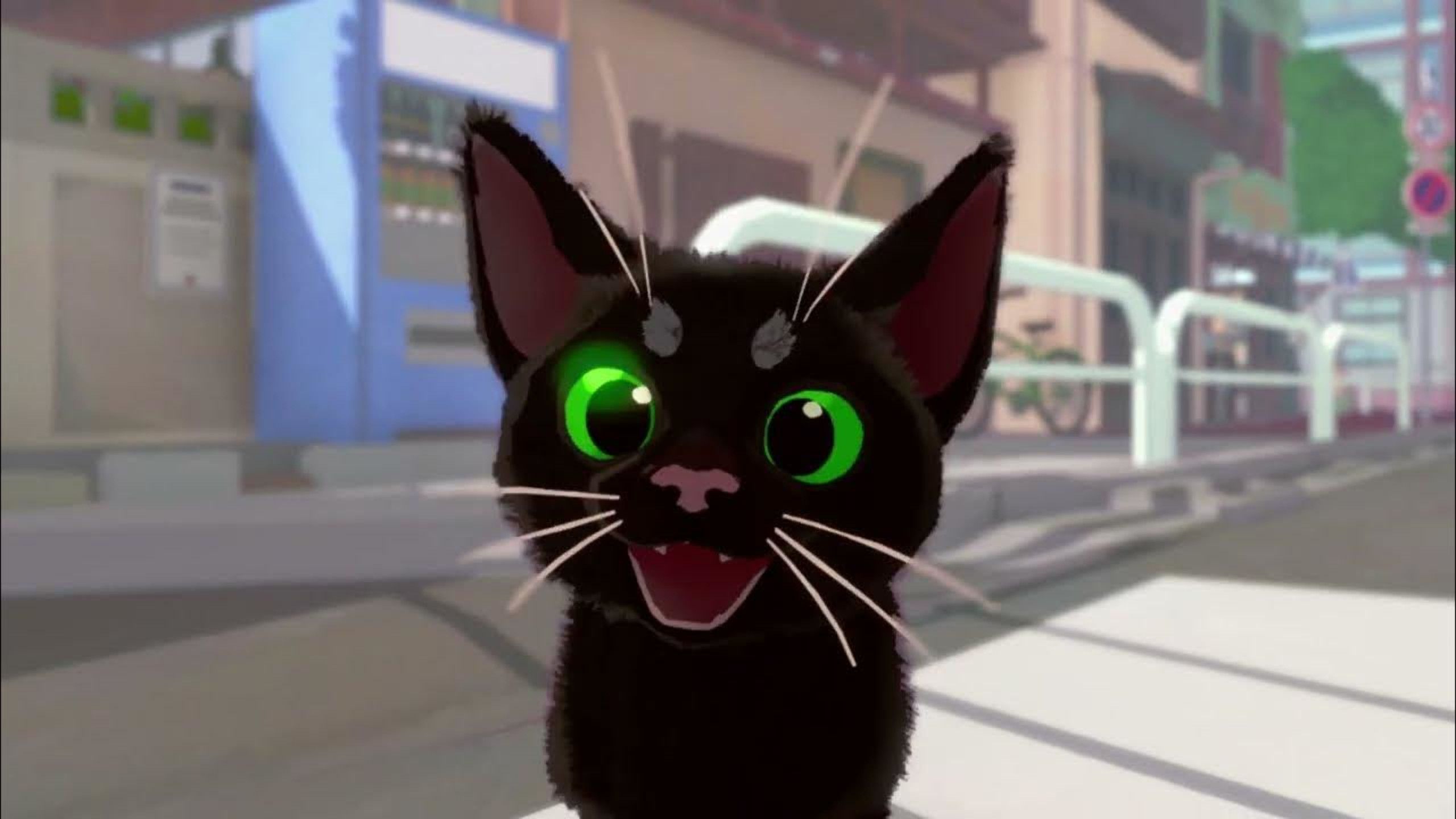A black cat smiling in Little Kitty, Big City