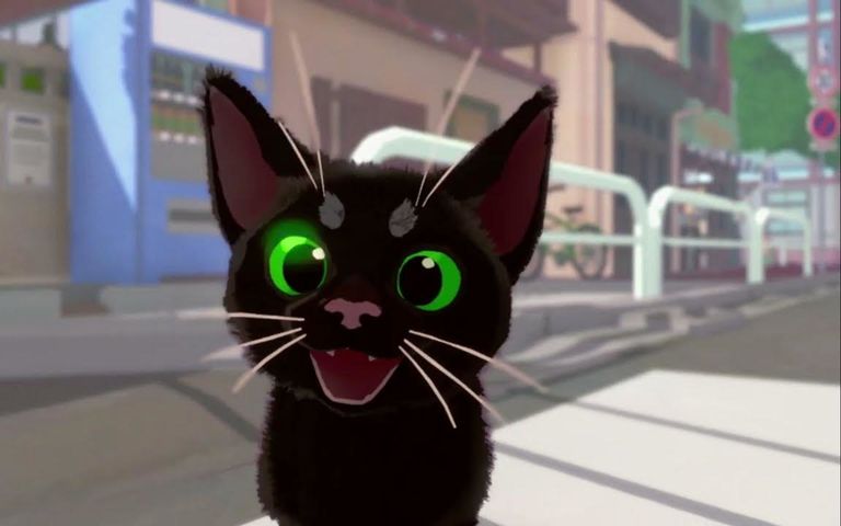 A black cat smiling in Little Kitty, Big City