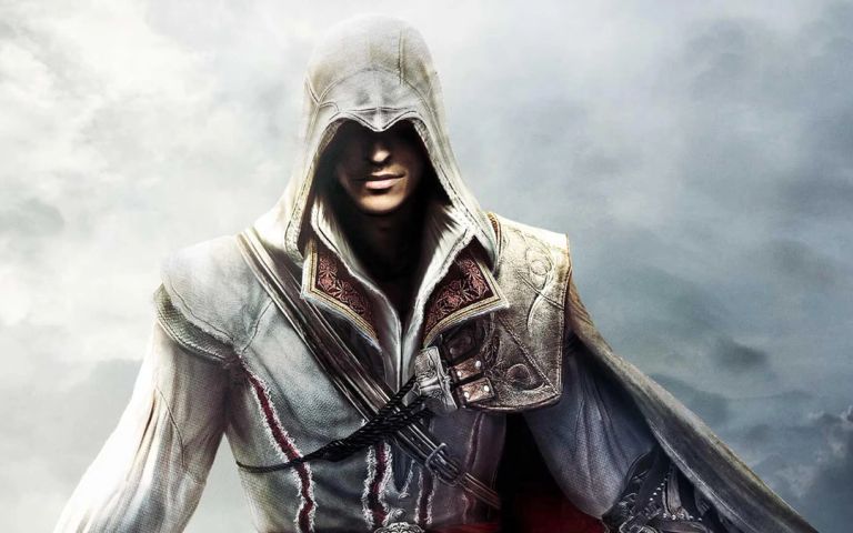 Ezio smirking at the camera in artwork for Assassin's Creed