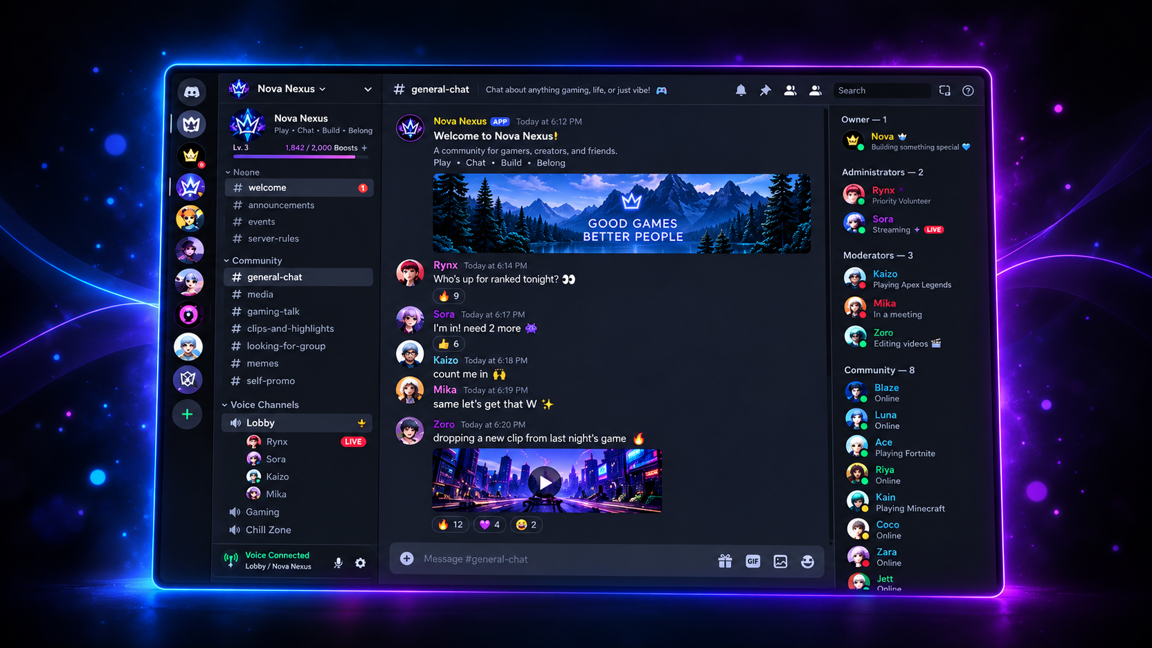 Example gaming Discord server with organised text and voice channels, a member list grouped by roles and players chatting about ranked games