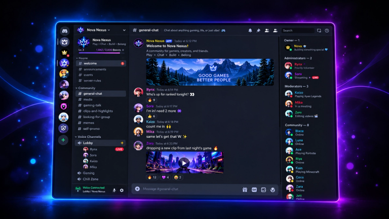 Example gaming Discord server with organised text and voice channels, a member list grouped by roles and players chatting about ranked games