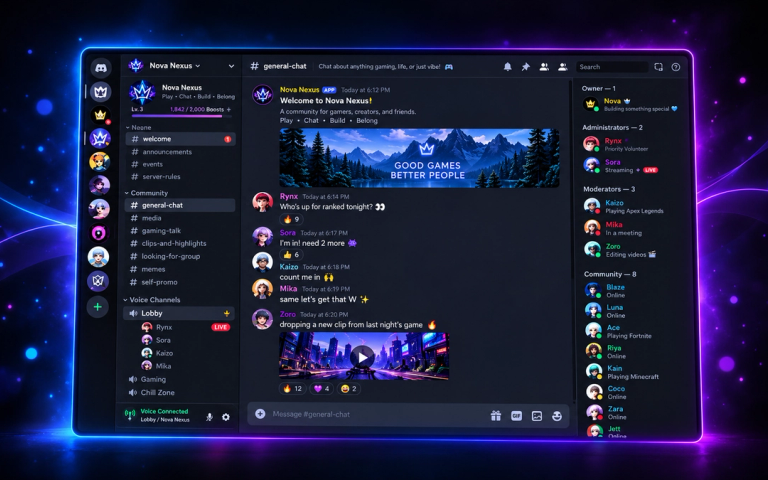 Example gaming Discord server with organised text and voice channels, a member list grouped by roles and players chatting about ranked games