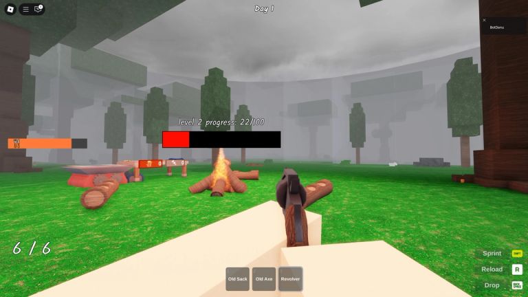 99 Nights in the Forest Roblox gameplay showing a revolver, campfire and forest