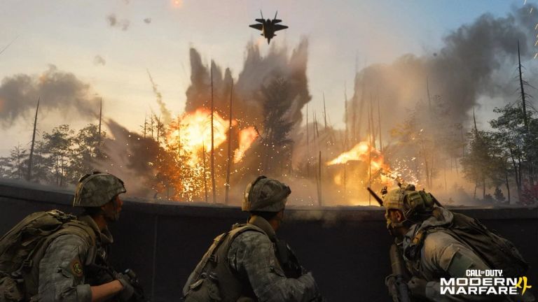Call of Duty: Modern Warfare 4 — soldiers take cover during forest explosions as a jet passes overhead.