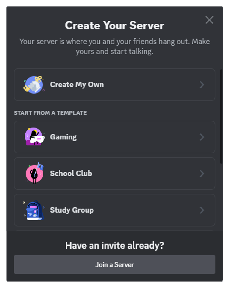 Discord Create Your Server window showing Create My Own and the Gaming server template