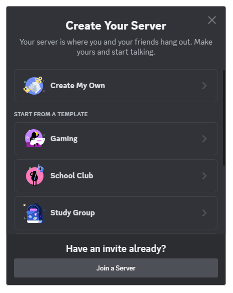 Discord Create Your Server window showing Create My Own and the Gaming server template