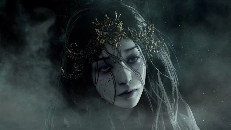 Phantom Blade Zero: Close-up of a pale woman with cracked skin and an ornate gold headdress.