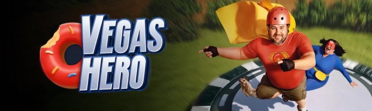 Vegas Hero logo banner with cartoon skydivers