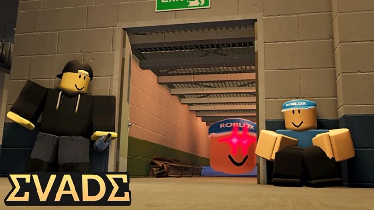 Evade Roblox official-style artwork showing a player beside an emergency exit