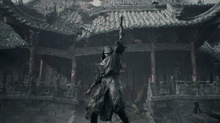 Phantom Blade Zero: A masked figure raises an arm in a rain-soaked stone courtyard.