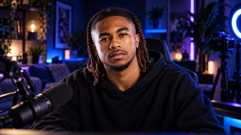 AI-generated image of DeenTheGreat with twisted hair in a black hoodie, sitting at a microphone in a neon-lit streaming studio