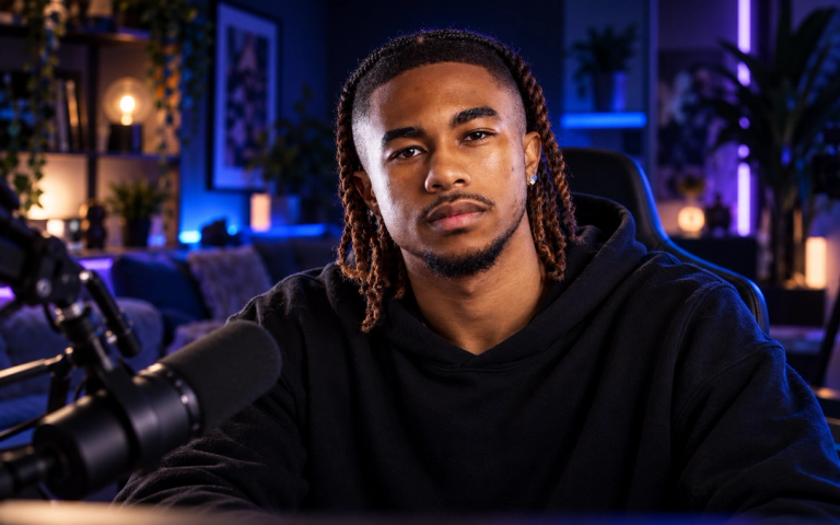 AI-generated image of DeenTheGreat with twisted hair in a black hoodie, sitting at a microphone in a neon-lit streaming studio