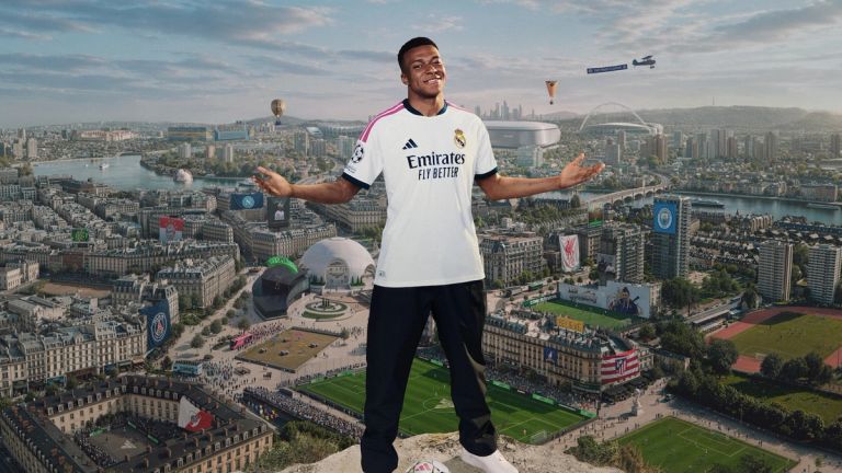 Kylian Mbappé in EA SPORTS FC 27 cover artwork above a city skyline and football pitches.
