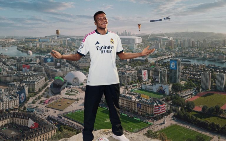 Kylian Mbappé in EA SPORTS FC 27 cover artwork above a city skyline and football pitches.
