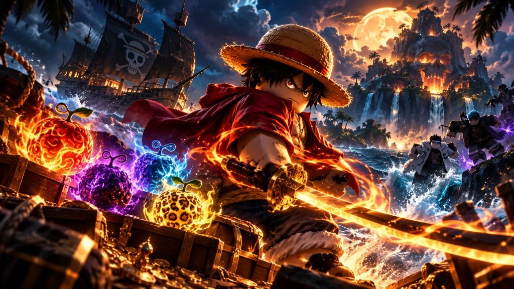 A pirate-hat-wearing Roblox-style character surrounded by glowing Devil Fruits, a pirate ship and a skull island — Blox Fruits artwork