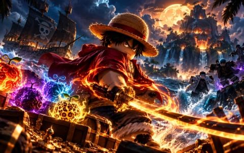 A pirate-hat-wearing Roblox-style character surrounded by glowing Devil Fruits, a pirate ship and a skull island — Blox Fruits artwork