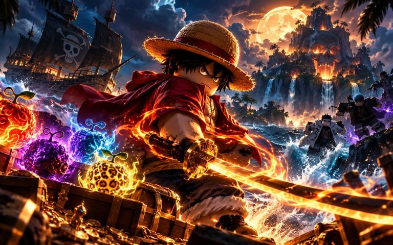 A pirate-hat-wearing Roblox-style character surrounded by glowing Devil Fruits, a pirate ship and a skull island — Blox Fruits artwork