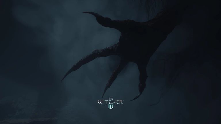 The Witcher IV: A large clawed creature’s silhouette looms in a dark, foggy scene.