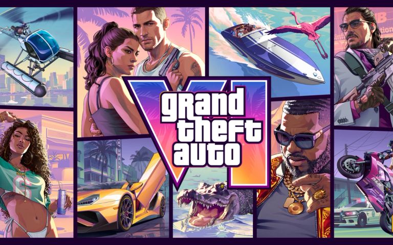 Official Grand Theft Auto VI cover artwork showing the logo surrounded by illustrated scenes of Vice City, Jason and Lucia, vehicles and characters.