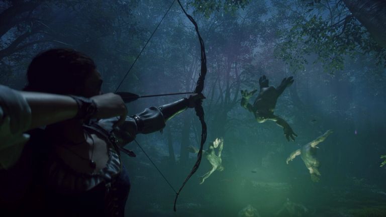 Fable: A woman draws a bow toward several leaping figures in a shadowy forest.