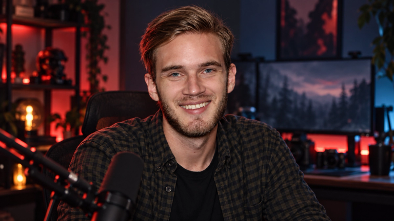 AI-generated image of PewDiePie smiling in a checked shirt at a microphone in a red and blue lit streaming room