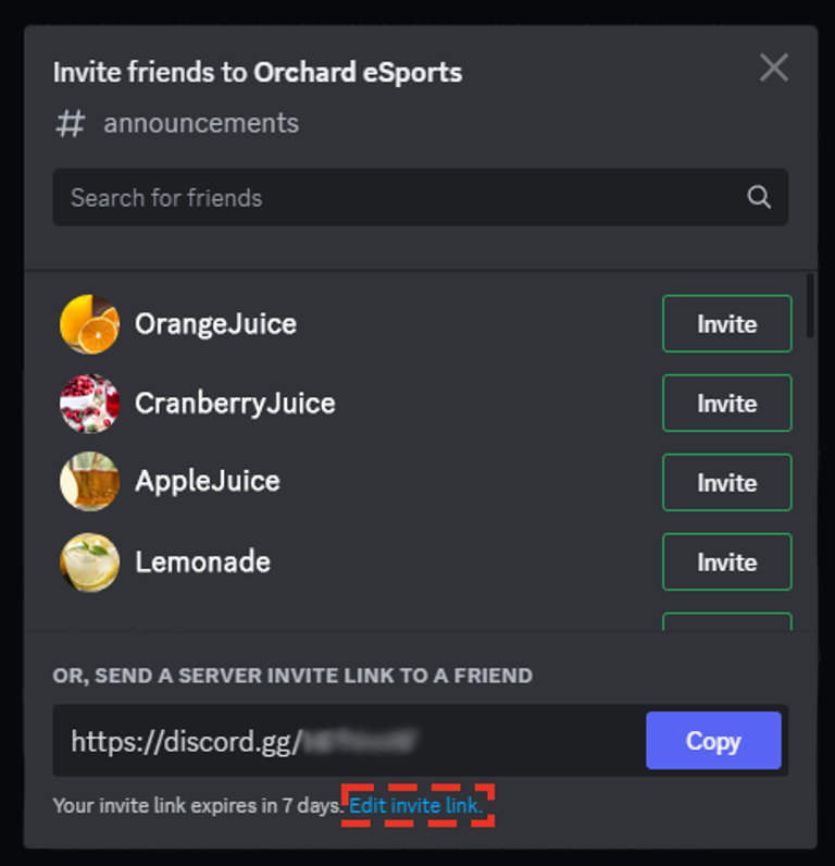Discord Invite friends window with a server invite link, Copy button and Edit invite link option