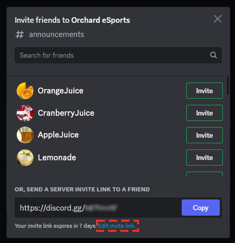 Discord Invite friends window with a server invite link, Copy button and Edit invite link option