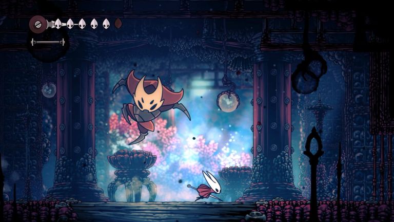 Hollow Knight: Silksong — Hornet runs beneath a horned insect in a blue-lit chamber.