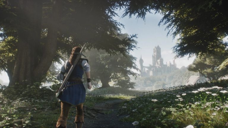 Fable: A woman walks through a wooded path toward a castle in the distance.