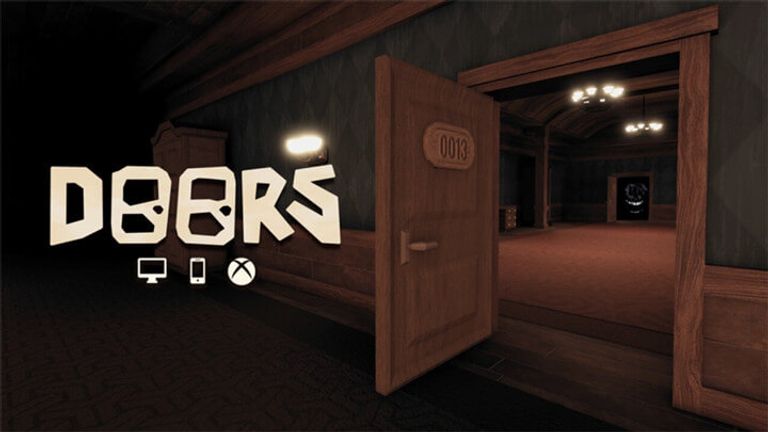 DOORS official game artwork showing a dark hotel corridor and an open door