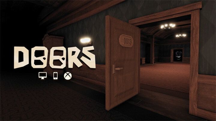DOORS official game artwork showing a dark hotel corridor and an open door