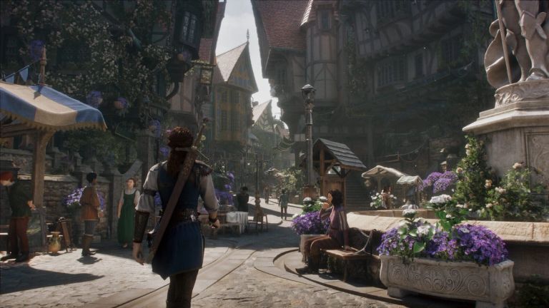 Fable: A woman walks along a crowded medieval street with market stalls and flowers.