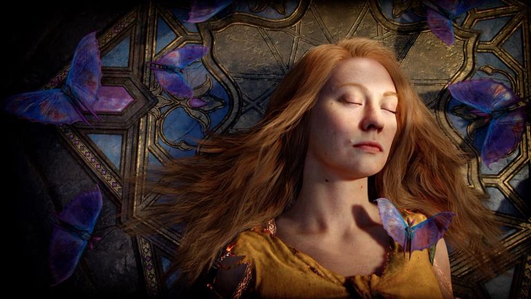 God of War Laufey: A woman lies with closed eyes among purple butterflies on an ornate surface.