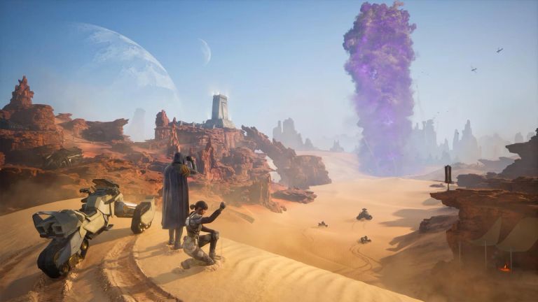 Characters looking out over a massive sand tornado in Dune: Awakening