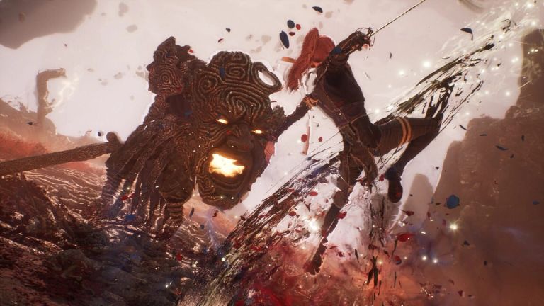 Clair Obscur: Expedition 33 — A fighter attacks a carved monster amid sweeping white strokes and flying debris.