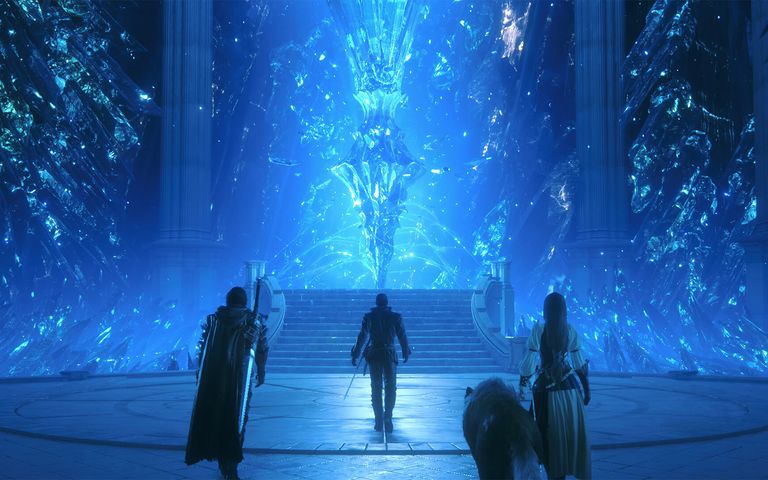 Clive, Cid, Jill, and Torgal walking towards a crystal in Final Fantasy XVI
