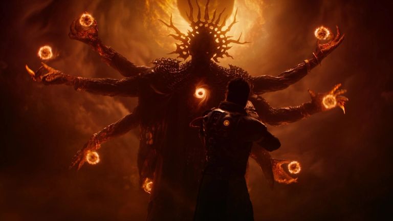 The main character confronting a multi-armed monster in Saros